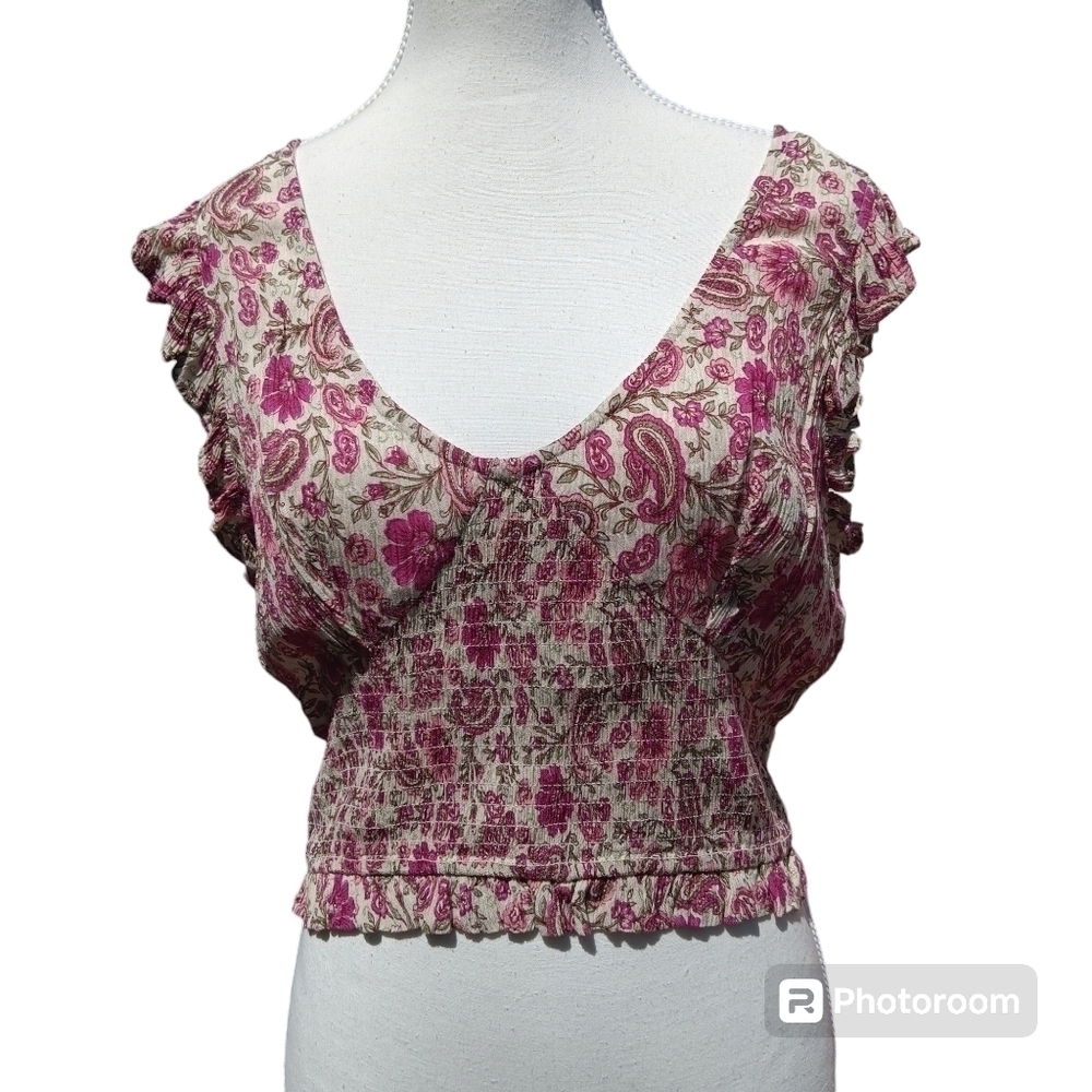 Anthropology Patrons of Peace Ivory Floral Ruffle Smocked Crop Top Size M